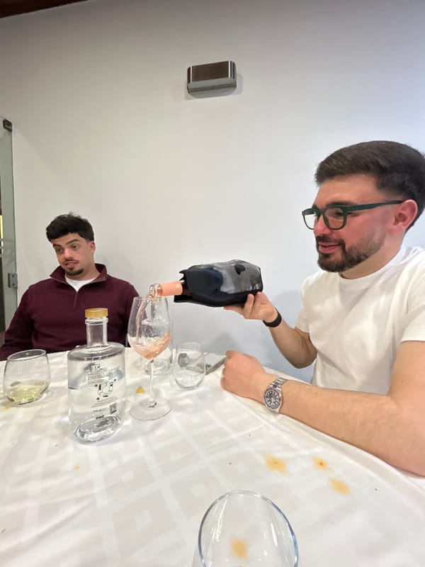 Two men dining at restaurant in Mirandela, Portugal