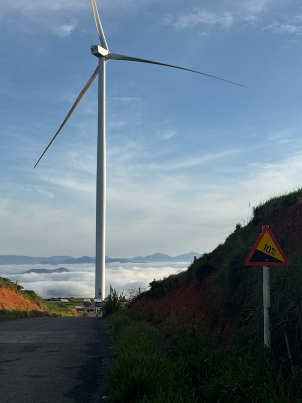 Wind farm and highland scenery in Phát Chi, Vietnam