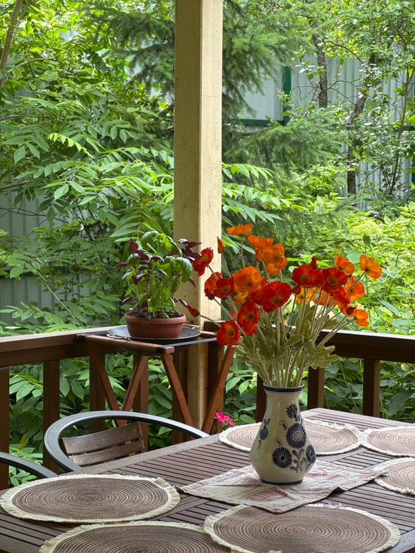 Outdoor table set for a meal on a wooden dacha porch