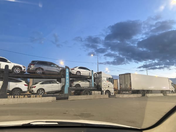 Truck parking and restaurant tea break captured simultaneously