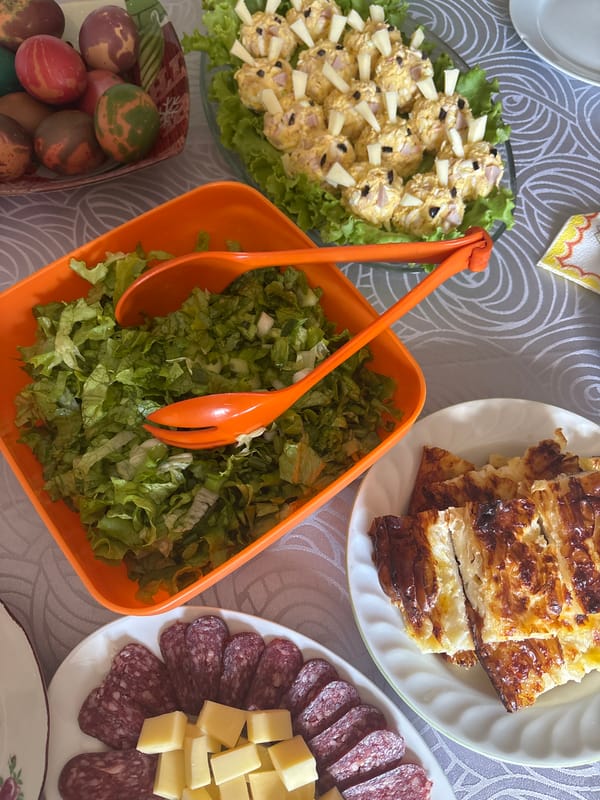 Easter meal with traditional colored eggs observed in Bulgaria