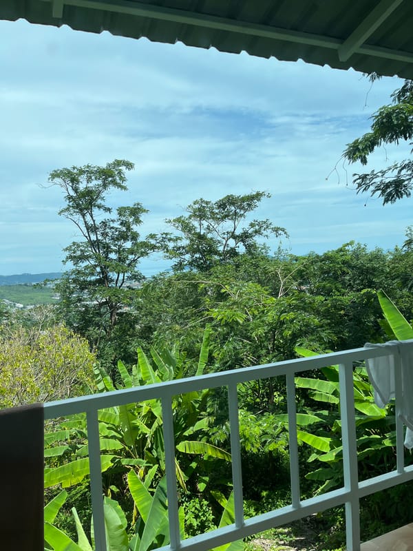 Morning routine documented from Chalong balcony overlooking tropical landscape