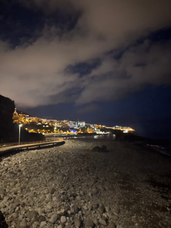 Nighttime scenes captured across Funchal, Portugal coastal areas