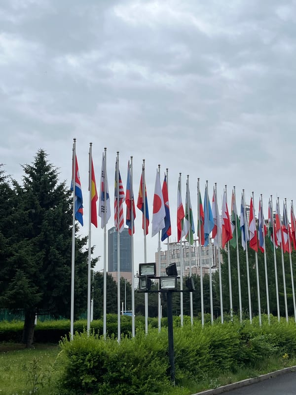International flag display observed in rainy Changchun morning