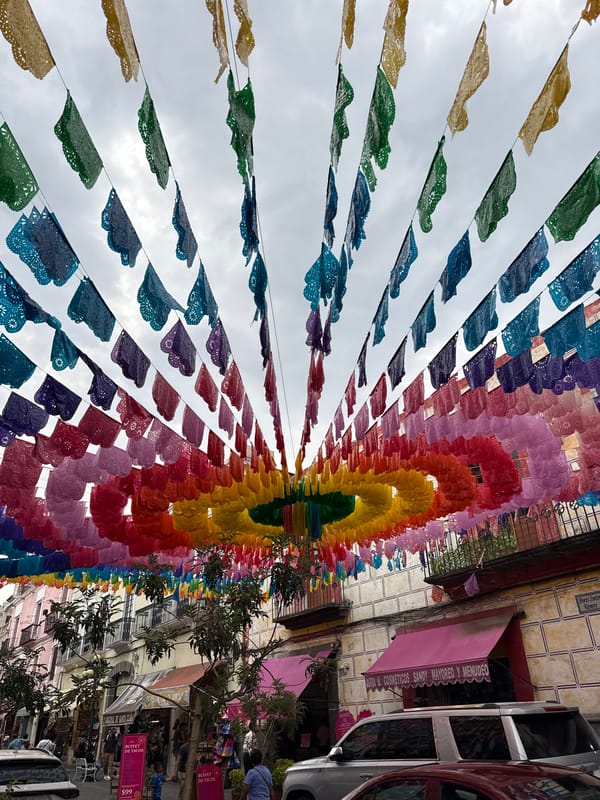 Elaborate papel picado display documented on Puebla street