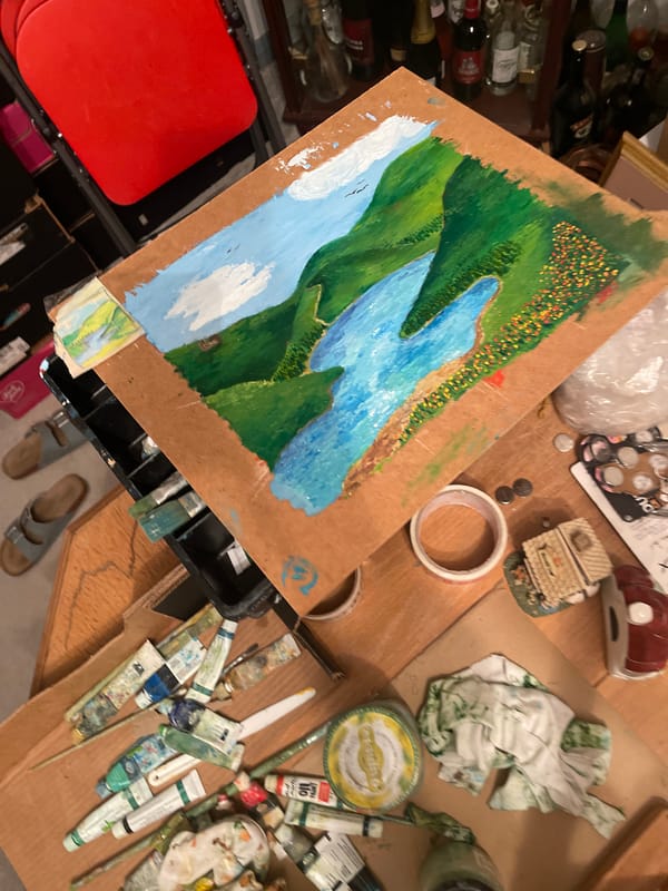 Artist's cluttered studio workspace documented in Maidstone
