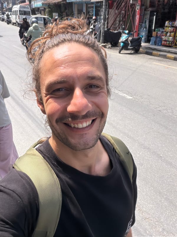 Morning moments captured in Pokhara: traveler, butterfly, dogs