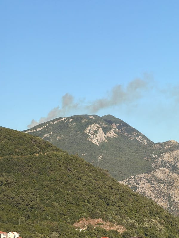 Petrovac na Moru coastline, islands, and hillside rooftops, Montenegro