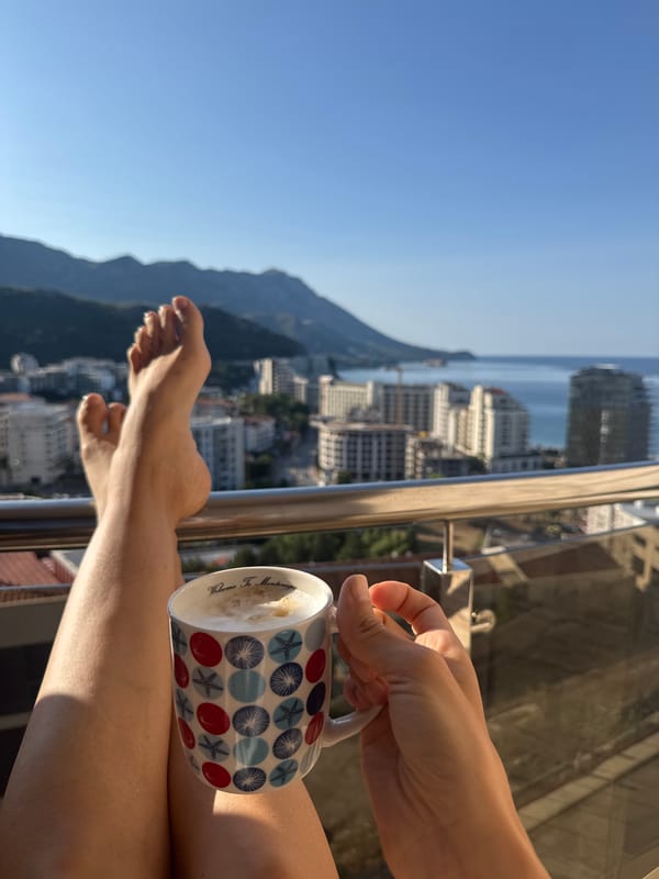 Morning coffee on the Montenegrin coast, mug and all