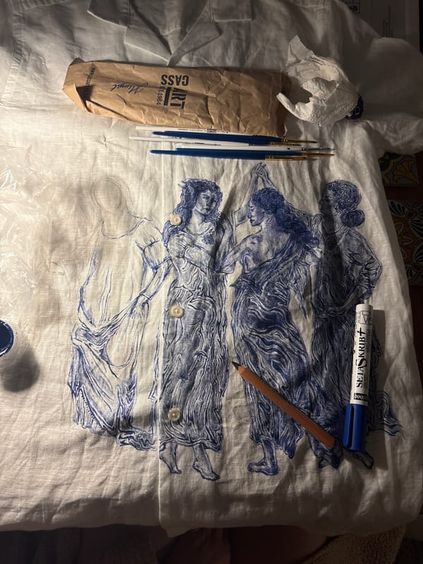 Hand-drawn artwork spotted on white shirt in Manchester