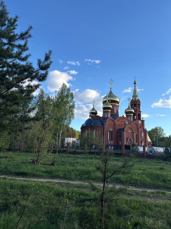 Afternoon stroll documented: church, cat, woman in park
