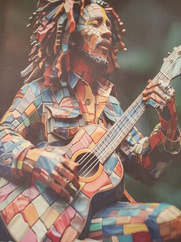 Street musician performs in colorful costume in New Karu