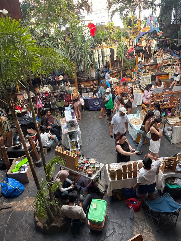 Bustling indoor market scene in Kuta Selatan, Indonesia