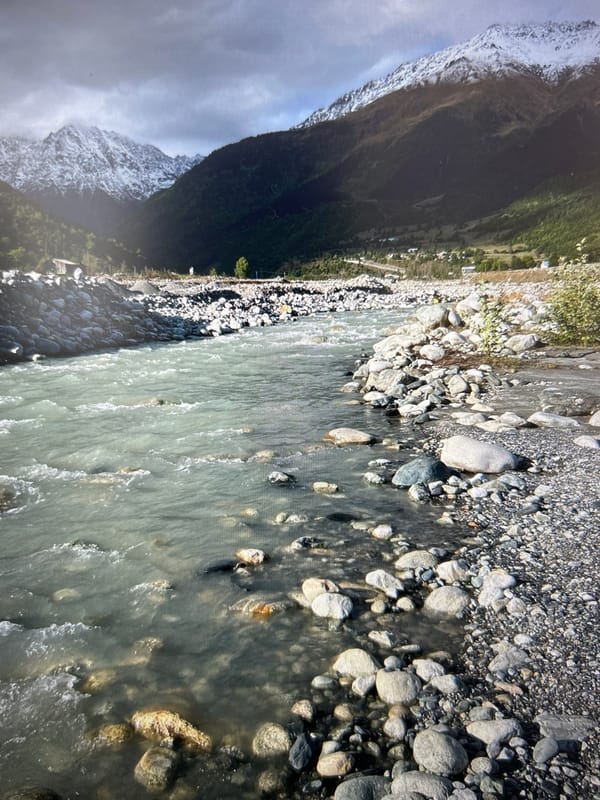Mountain village, river scenery, and casual personal moments