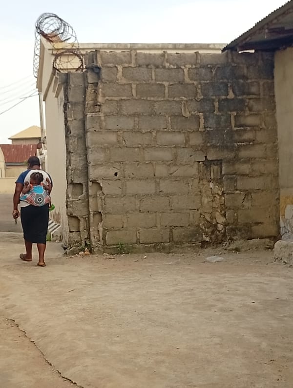 Woman carries child along dirt path in Adankolo, Nigeria