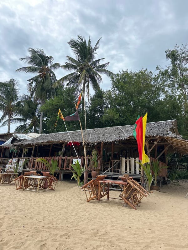 Thatched beachside structure on a cloudy Ko Samui day
