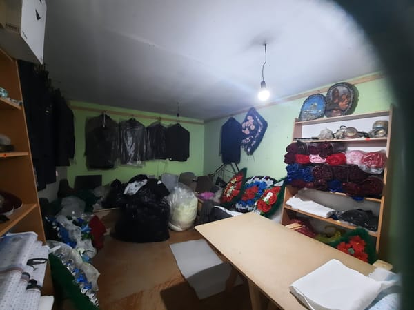Funeral workshop documented in Krasnogorskoye, Russia during morning hours