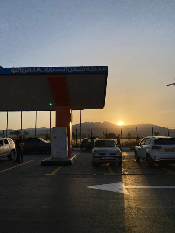 Electric charging station captured at sunset in Djelida, Algeria