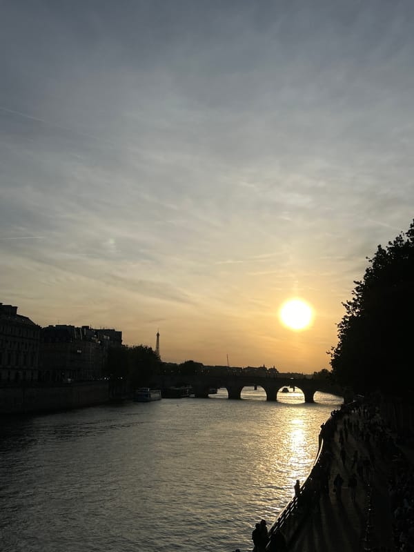 Golden hour sunset documented along Seine River in Paris