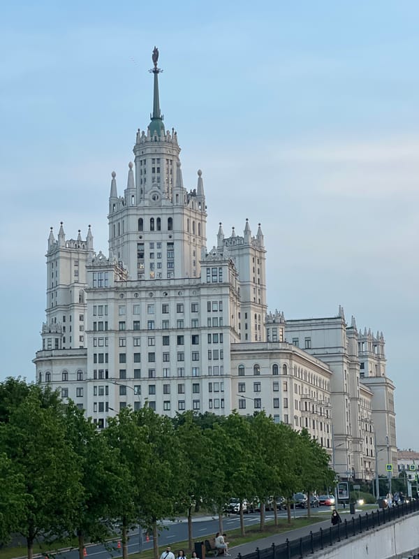 Evening scenes documented around Moscow's Stalinist skyscraper district