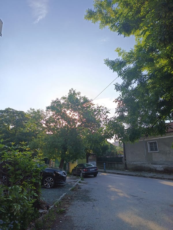 Early morning street scene captured in Karnobat, Bulgaria