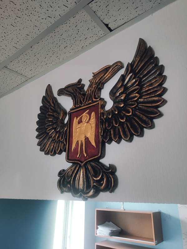 Man poses for multiple portraits in Donetsk office setting