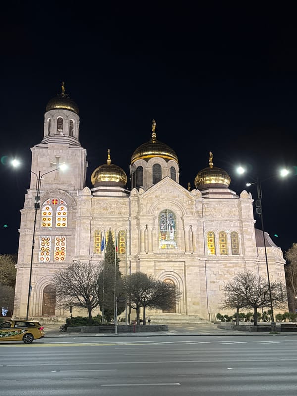 Orthodox cathedral with golden domes photographed in Varna, Bulgaria