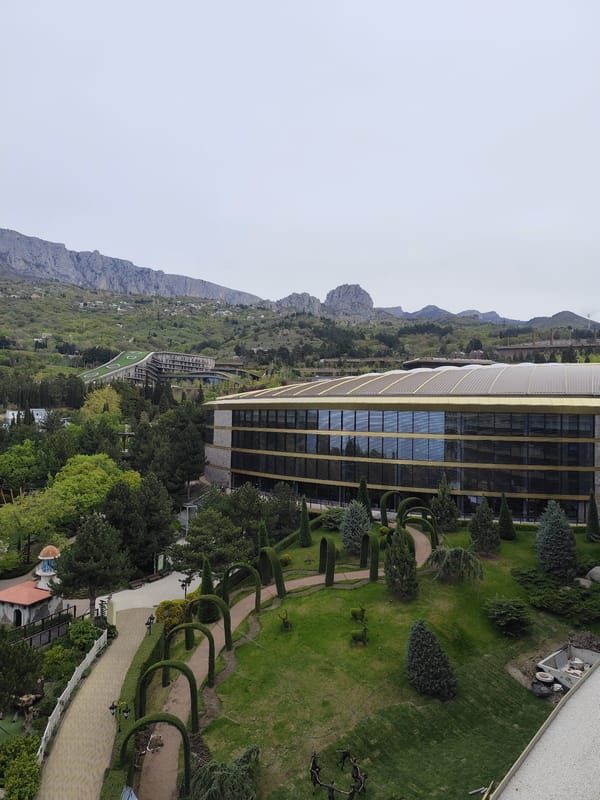 Morning views capture resort gardens and mountain landscape