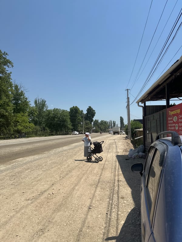 Quiet morning street life in a small Kyrgyz town