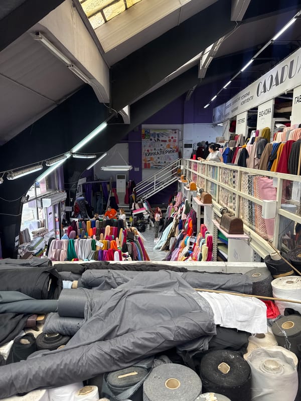 Person documented shopping and note-taking in Sofia fabric stores