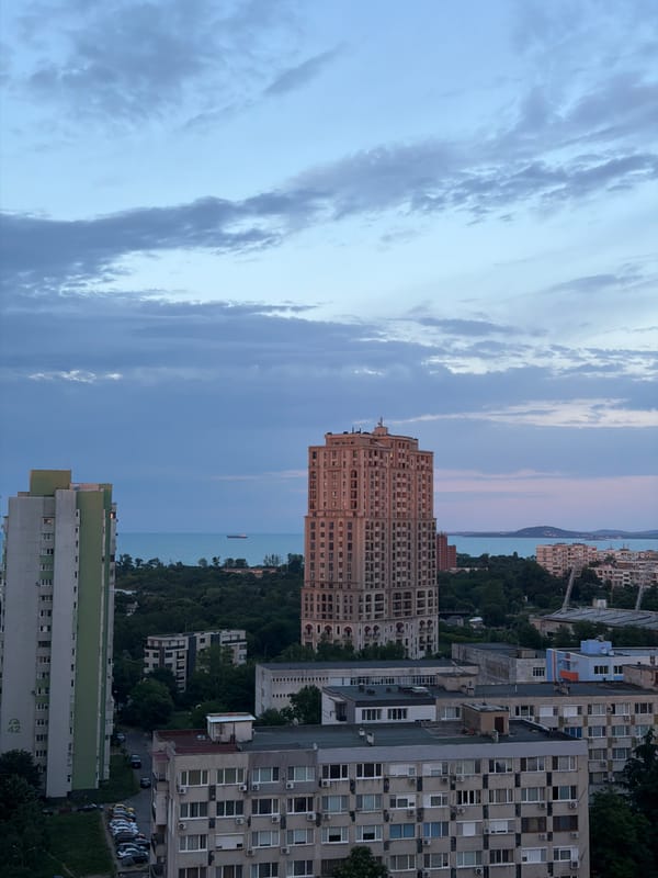 Evening in Burgas: apartment towers and a well-stocked vanity