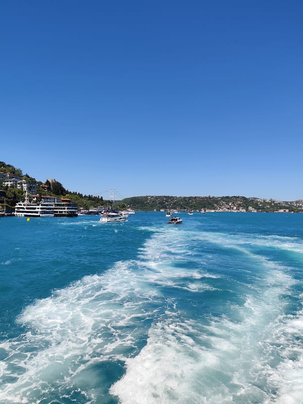 Boat journey documented along Istanbul's Bosphorus Strait on sunny afternoon