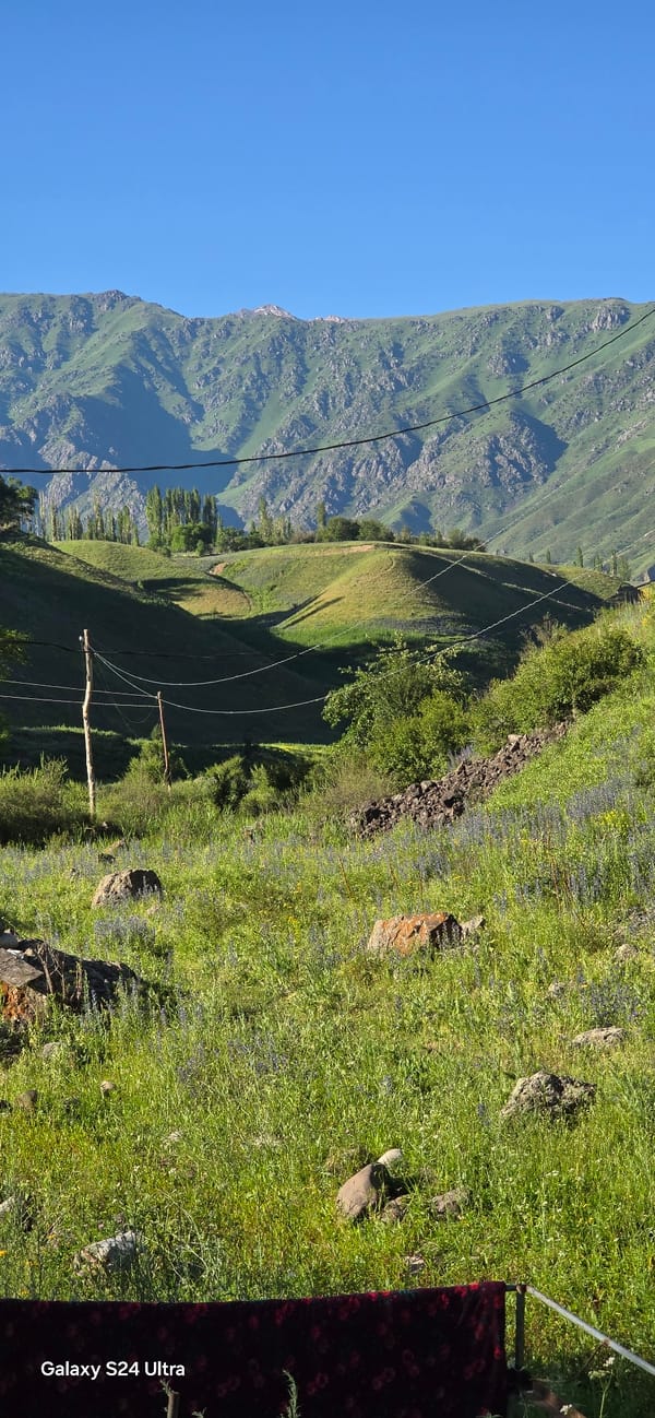 Sunny mountain slopes in Kyrgyzstan, moon visible in daylight
