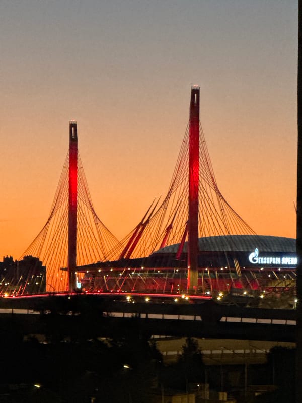 Saint Petersburg skyline at golden hour, Lakhta Center and Gazprom Arena