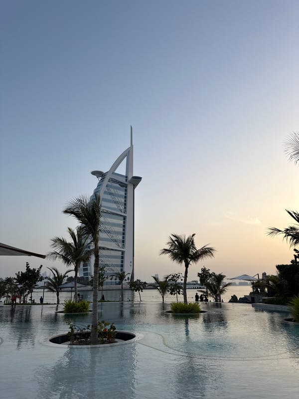 Dubai luxury hotel and cars observed during afternoon golden hour