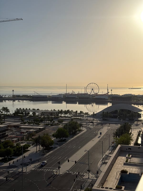 Golden hour view of waterfront development with skyscraper and Ferris wheel