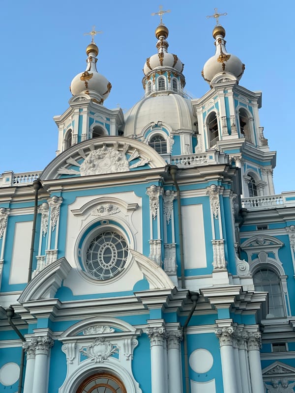 Tourist Documents Smolny Cathedral's Blue Baroque Architecture in Saint Petersburg