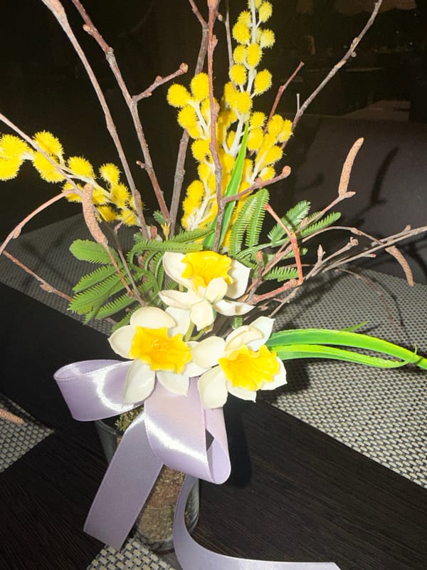 Spring bouquet with purple ribbon spotted in Izhevsk