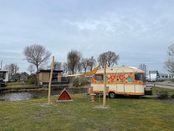 Vintage floral caravan spotted near canal in Makkum