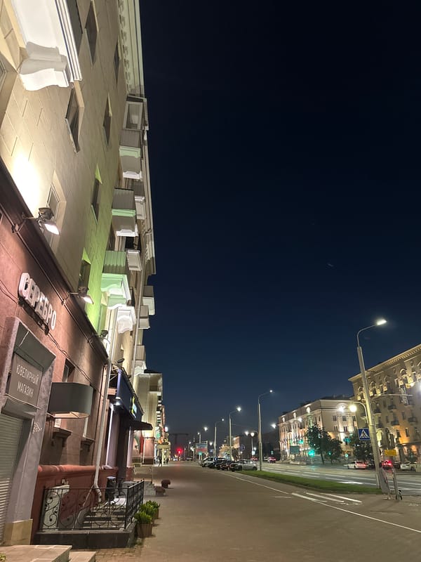 Soviet-era architecture and city streets, day into night