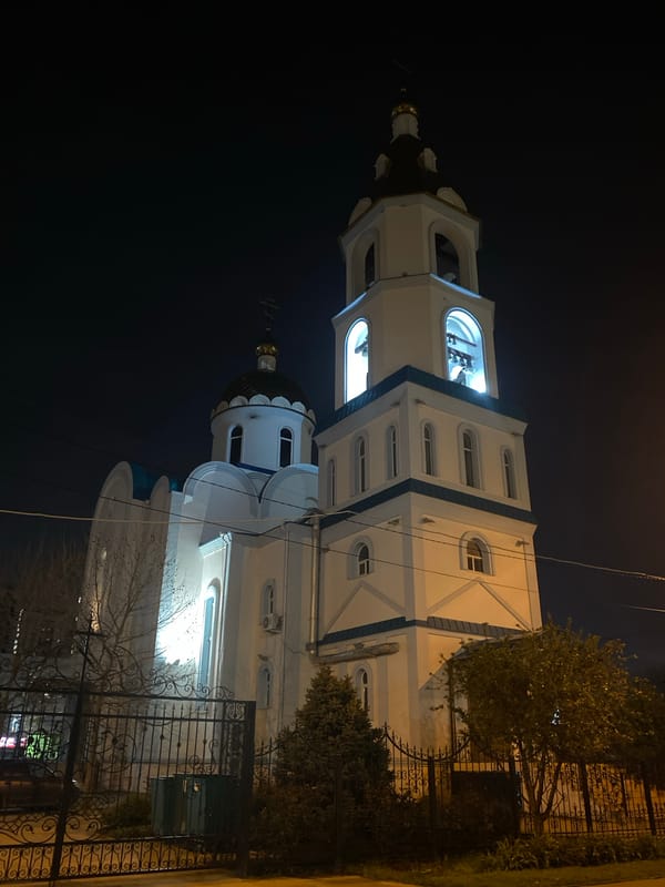 Nighttime urban churches and sculpture documented in 18-minute span