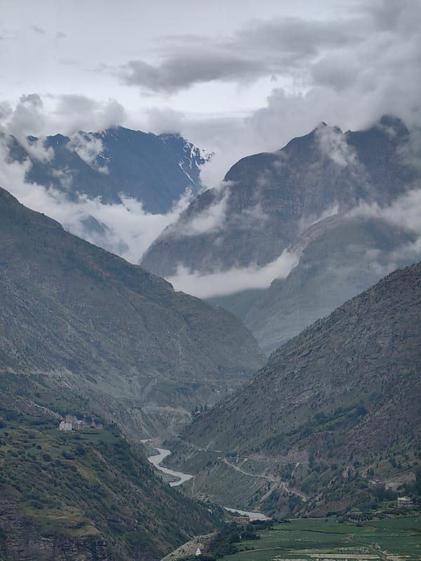 Keylang valley: roads, rivers, prayer flags, and mountain terrain
