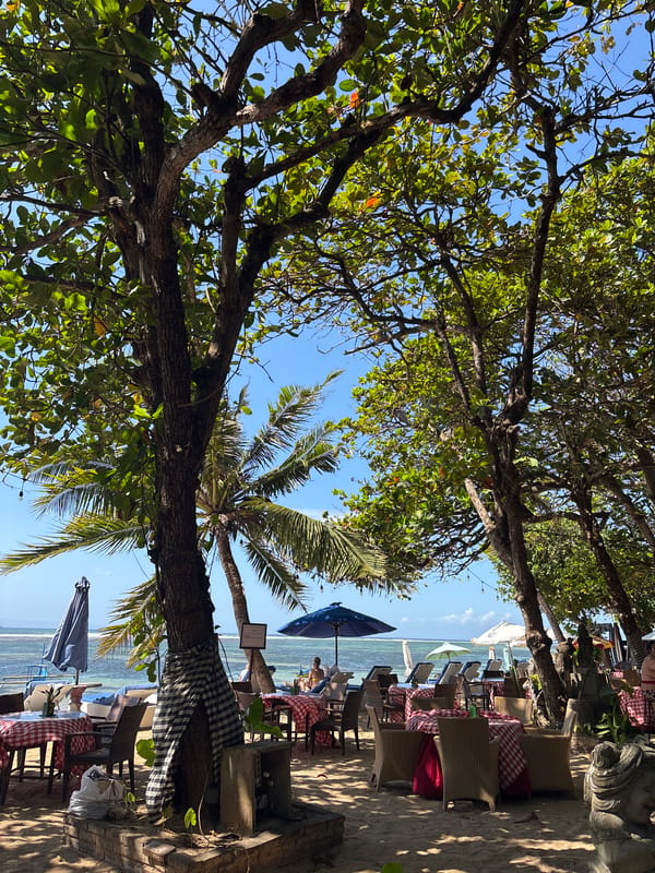 Sanur beachfront: cafes, pathways, and shoreline in Denpasar