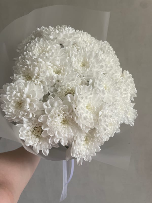 Woman receives white chrysanthemums in intimate family moment