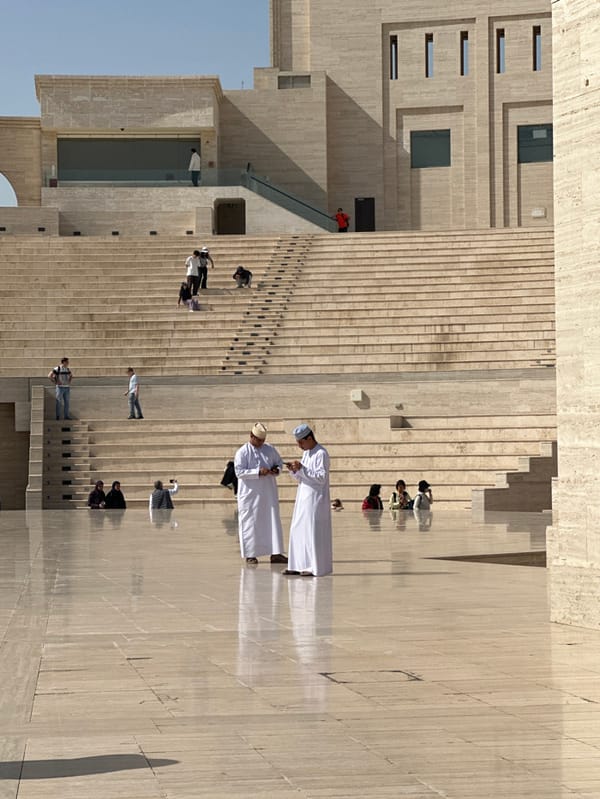 Tourist documents morning scenes across Doha cultural landmarks