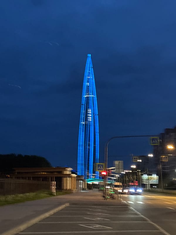 Evening scenes captured around illuminated Lakhta Center in Saint Petersburg