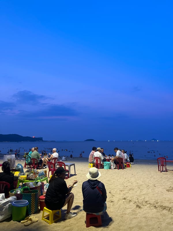 Beach evening, a birthday cake, and city streets at dusk