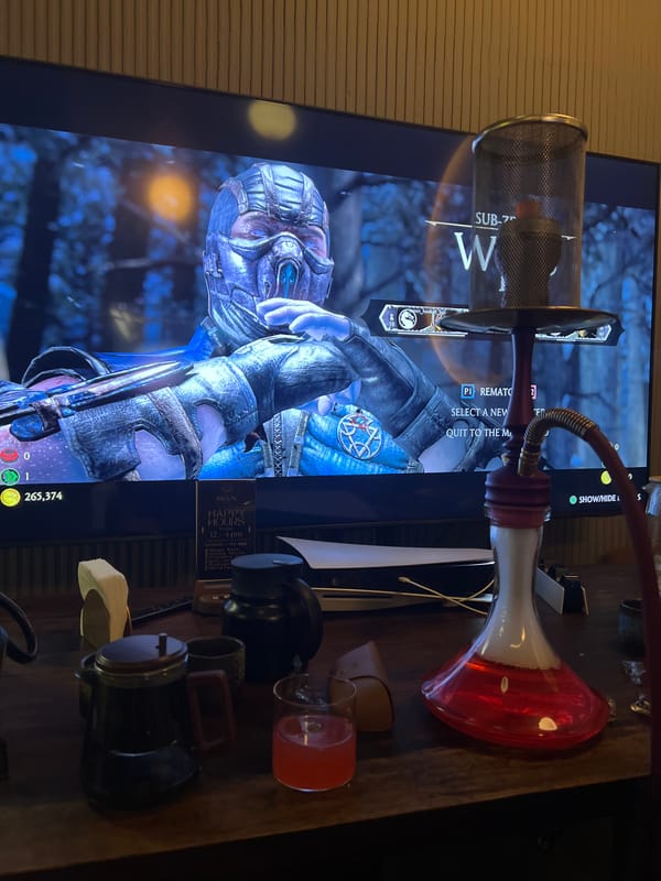 Gaming setup with hookah documented in North Kuta
