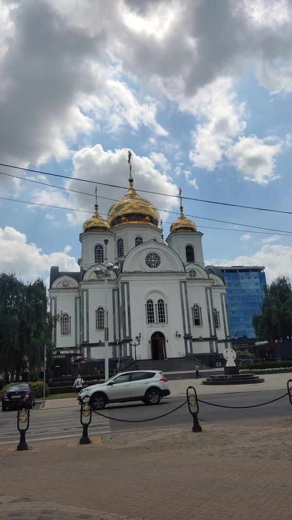 Krasnodar's civic landmarks and streets on a grey morning