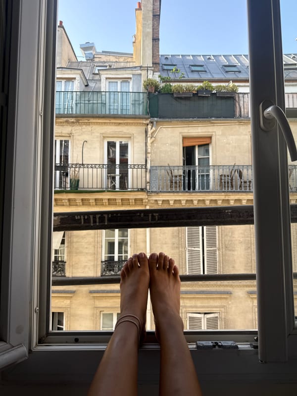 A quiet Paris evening: dinner tables, street life, windowsill views